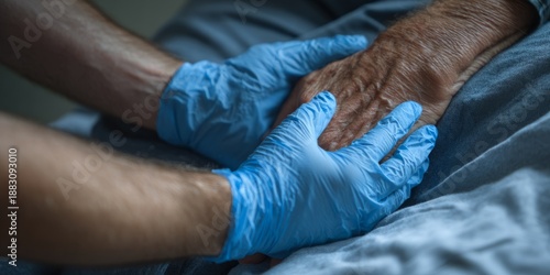 Comforting touch: gloved hands offering support to an elderly person in need of care and affection.