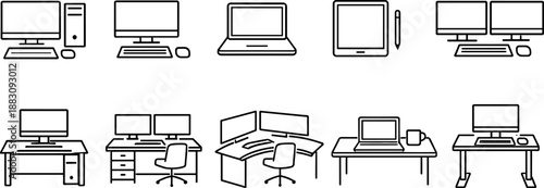 Computer devices icons set. Desktop, laptop, monitor and digital workspace outline symbols