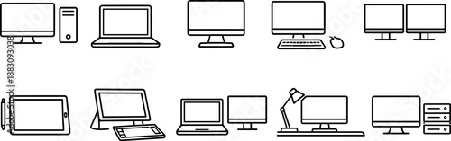 Computer devices icons set. Desktop, laptop, monitor and digital workspace outline symbols