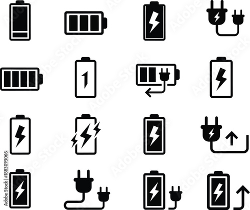 Comprehensive collection of battery power and charging indicators with lightning bolts and plug symbols for UI design.