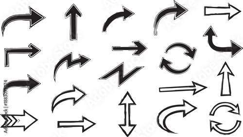 Set of black brush stroke arrows pointing in various directions, artistic design, isolated on white background