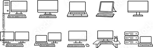 Computer devices icons set. Desktop, laptop, monitor and digital workspace outline symbols