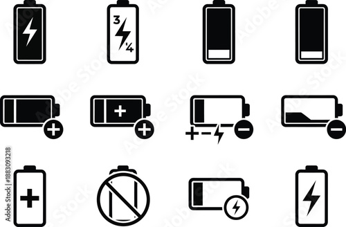 Variety of battery status and power management icons including charging, full, empty, and restricted usage symbols.