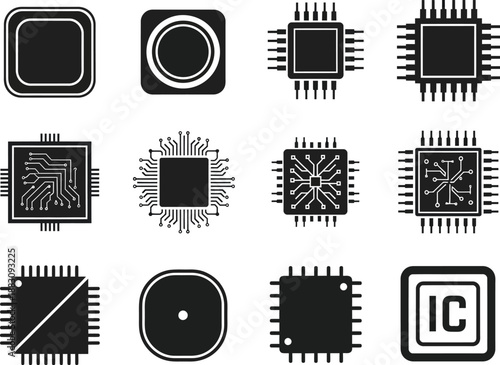 Set of solid black computer processor and microchip icons in various geometric shapes for technology hardware design.
