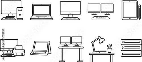 Computer devices icons set. Desktop, laptop, monitor and digital workspace outline symbols