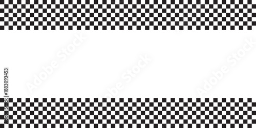 Top and bottom borders with checkered race flag or chess board print. Motocross or rally sport car competition background with empty space. Black and white squares pattern. Vector illustration