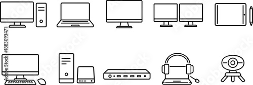 Computer devices icons set. Desktop, laptop, monitor and digital workspace outline symbols