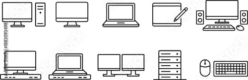 Computer devices icons set. Desktop, laptop, monitor and digital workspace outline symbols