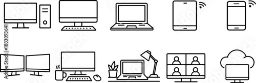 Computer devices icons set. Desktop, laptop, monitor and digital workspace outline symbols