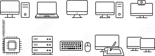Computer devices icons set. Desktop, laptop, monitor and digital workspace outline symbols