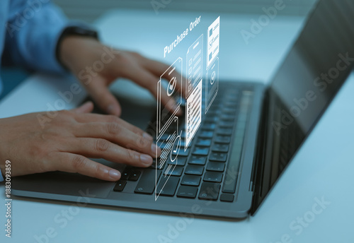 Businessman hand typing purchase order document on laptop and virtual interface screens, digital e-commerce checkout concept shopping order management online payment, retail technology user experience