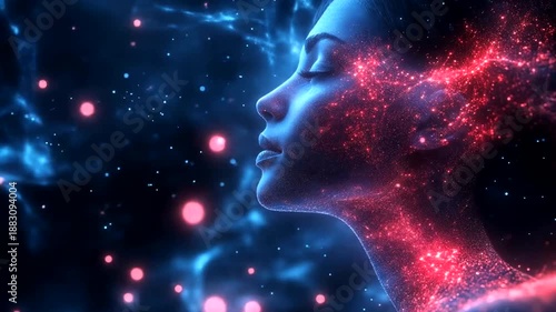 Ethereal Woman Merging with a Cosmic Nebula of Stardust Energy.