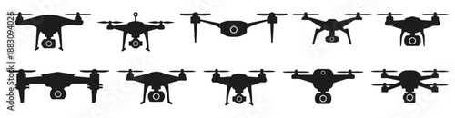 Collection of Various Black Drone Icons Isolated on White Background in Vector Graphic for Technology and Aerial Photography