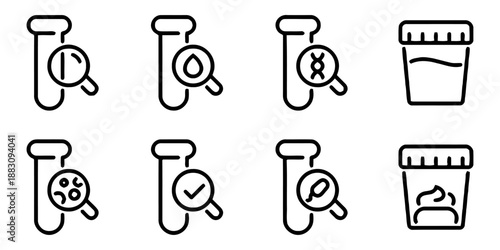 Collection of vector icons showing medical analysis research and laboratory tests with magnifying glass and test tube symbols suitable for healthcare