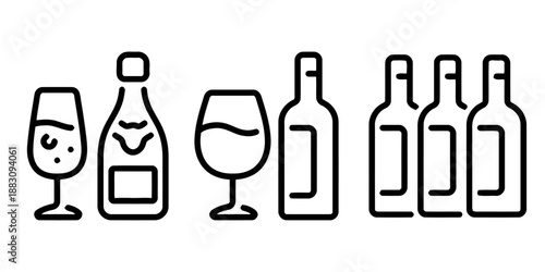 Collection of wine related vector illustrations showing wineglass and bottles for serving beverage suitable for restaurant business or wine theme