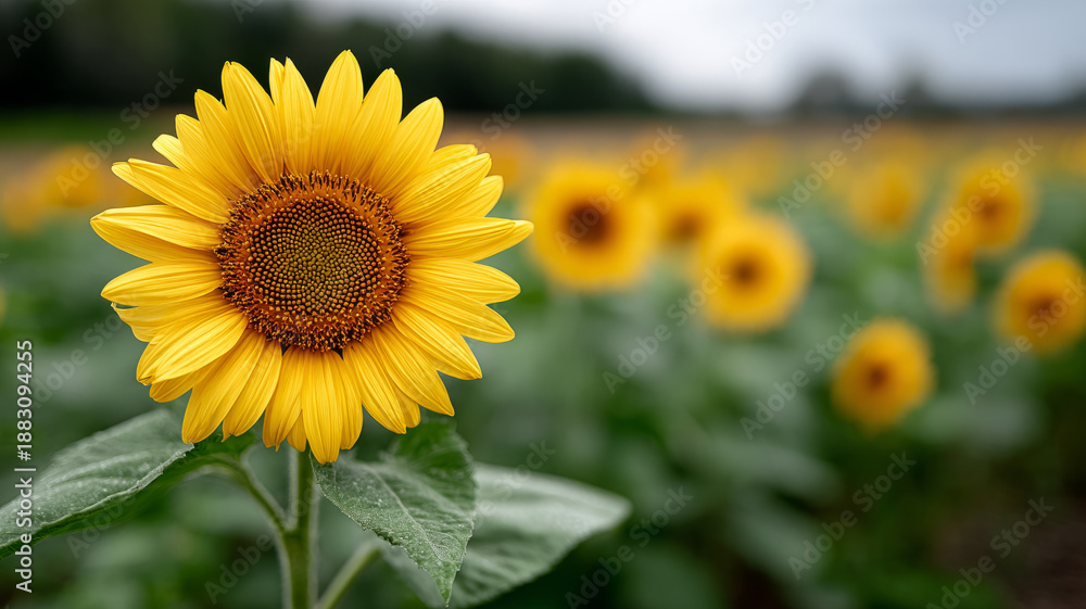 Fototapeta premium Vibrant sunflower blooming in lush green field under cloudy sky