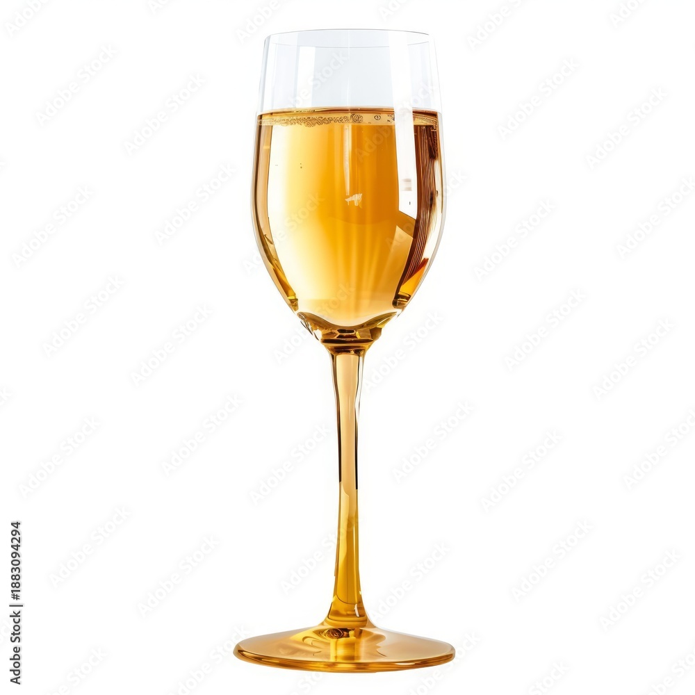 Obraz premium Single glass of white wine is standing on a white background, its contents sparkling