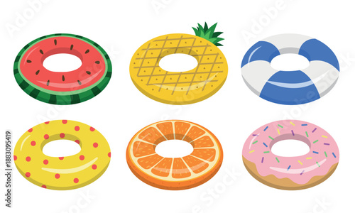 Summer Inflatable Swim Rings Set. Colorful floaters elements clipart set for beach and swimming pool