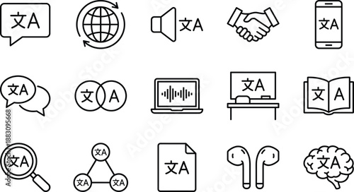 Professional Translation Vector Icon Set Featuring Global Communication Handshake Audio Speech Recognition Education Brain Learning Concepts Mobile App Document Search