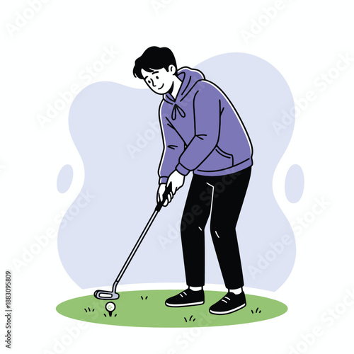 Young man playing golf, addressing the ball with a putter in a casual illustration style.
