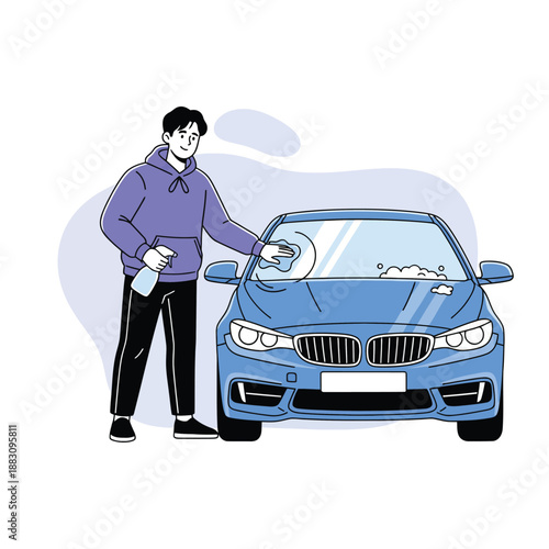 Flat vector illustration of a man cleaning the windshield of a blue sporty car.