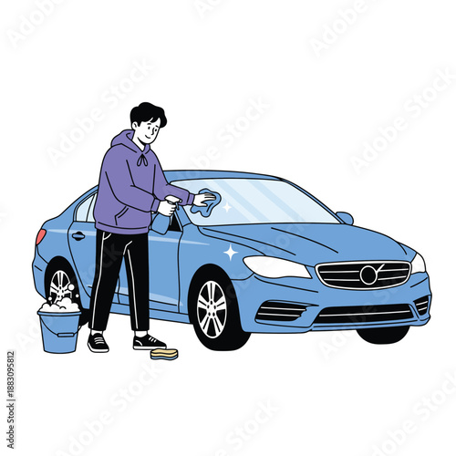 Man washing a blue sedan illustration, representing personal vehicle cleaning and maintenance.