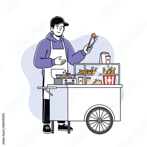 Street food vendor serving fried chicken from a mobile food cart illustration.