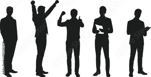 Business team silhouettes, corporate professionals, leadership gestures, teamwork success, confident poses, office presentation, strategy planning, documentation, communication, collaboration