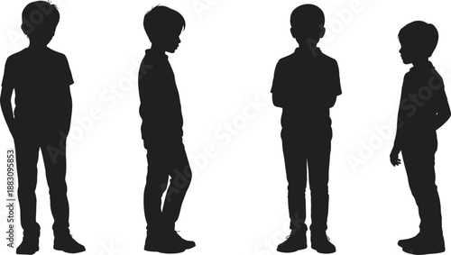 Children silhouette illustration, standing poses, posture diversity, black design, minimal art, youth concept, human figure, developmental study