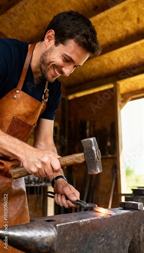 Man with leather apron smiles, hammering glowing metal on anvil in workshop