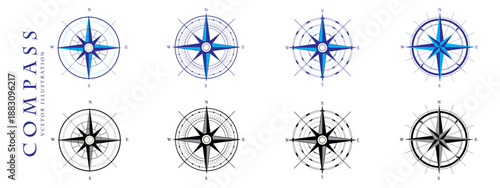 Compass icon vector illustration. Navigation compass icon. Compass symbol set. Editable stroke.