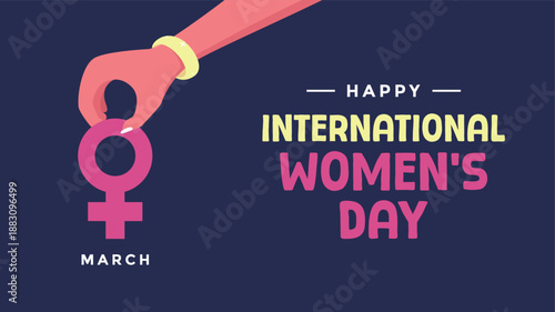Happy International Women's Day greeting background on dark blue horizontal background.