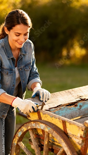 Woman in denim jacket and gloves restoring an old wooden cart
