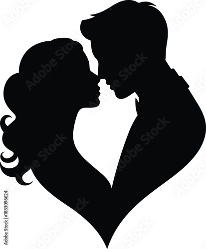 Romantic couple silhouette forming heart shape, love and intimacy, emotional connection, black design, minimal art, Valentine theme