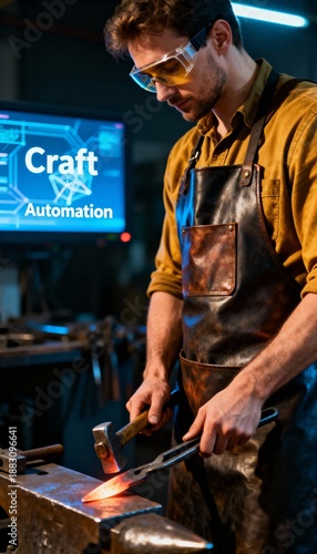 Craftsman shaping glowing metal on anvil with hammer