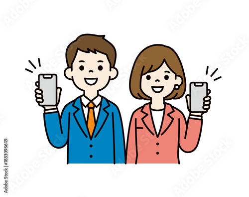 スマホ画面を見せて案内・紹介する、若い男女のビジネスパーソンのベクターイラスト素材セット