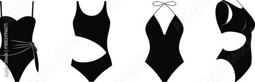 One-piece swimsuit silhouettes, fashion design, stylish swimwear, modern cuts, halter neck, scoop neckline, sash waist, asymmetrical style