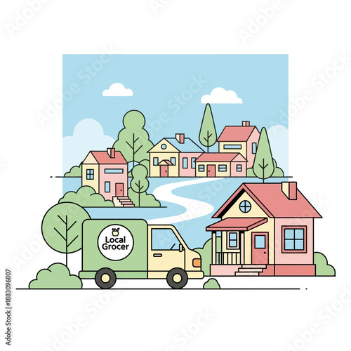 Local Grocer Delivery Truck Arriving in Picturesque Suburb, Food Shopping Concept Illustrated