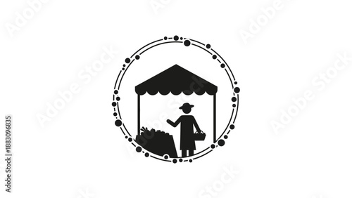 Local Market Stall Silhouette Illustration Surrounded by Decorative Circle Border