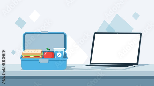 Lunch Break Alongside Laptop: Work-Life Balance and Healthy Eating Concept