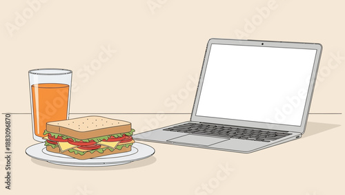 Lunch Break with Sandwich And Juice Besides Laptop on a Work Desk Surface