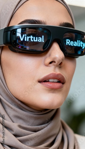 Woman wearing VR headset displays 