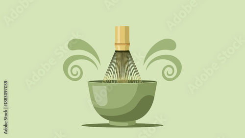 Matcha Tea Preparation: Artistic Illustration of Whisk and Bowl on Light Green Background