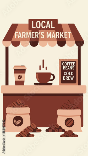 Inviting Illustration Of A Local Farmer's Market Booth With Delicious Coffee And Beans