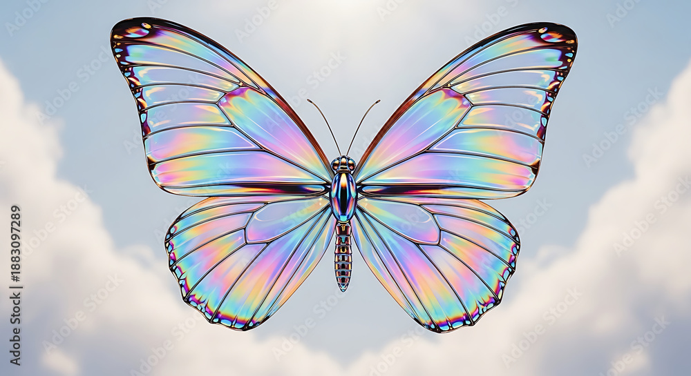 Fototapeta premium Iridescent butterfly with wings reflecting rainbow colors against a cloudy sky backdrop, symbolizing transformation and beauty