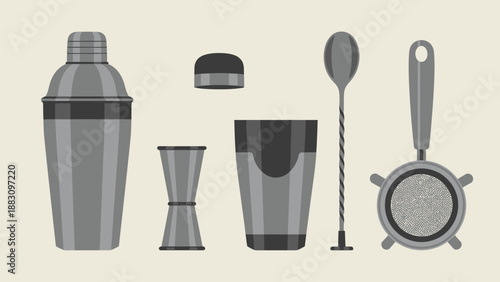Minimalist Bar Equipment Illustration for Drinks and Cocktails in Monochrome Tones