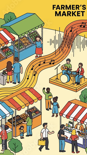 Isometric Farmer's Market Scene Depicting Fresh Produce, Music, And Community Gathering