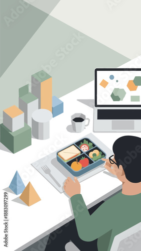 Isometric Illustration Of Lunch Break During Work Featuring Laptop, Bento Box, Cubes, And Coffee