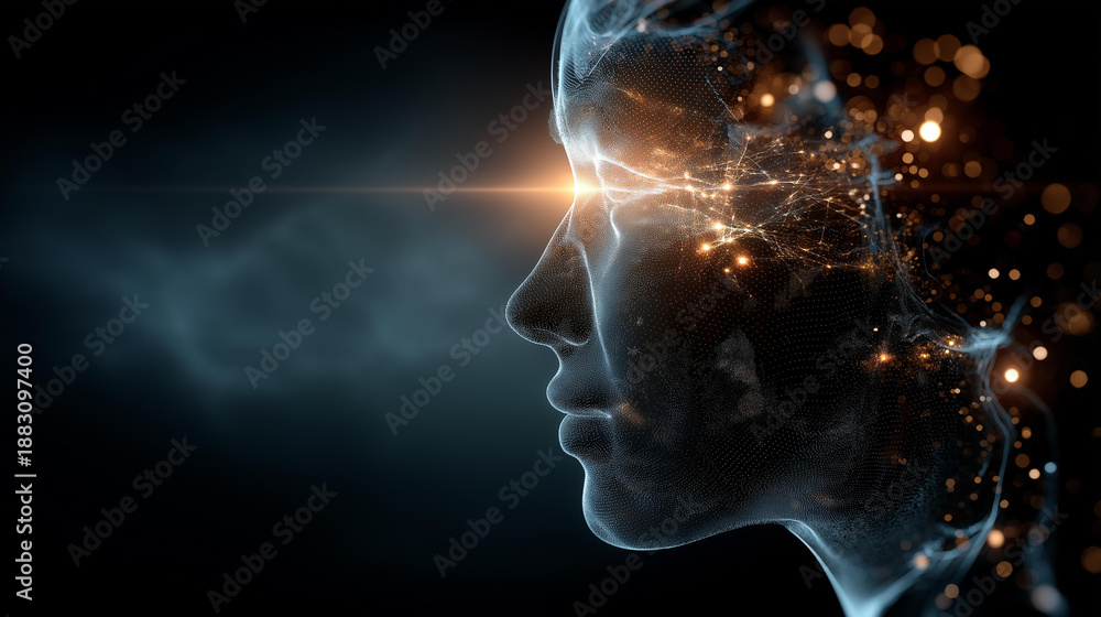 Fototapeta premium Captivating faceless digital face with glowing lines and vibrant particles surrounded by cosmic background, abstract identity visualization, with copy space