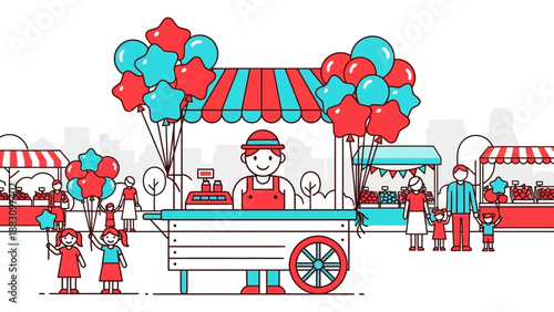 Joyful Carnival Scene Depicting Celebration, Balloons, And Street Vendors With Families